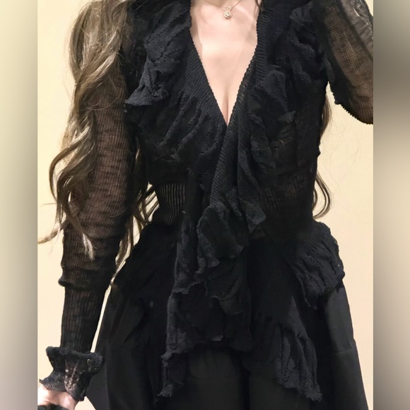 ✨Black Multi-Knit Ruffled Cardigan | Ruffled Trim & Sheer | Statement Piece - Picture 3 of 8